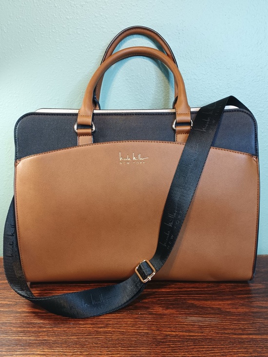 Nicole Miller Handbags - Nicole Miller Satchel with Laptop Sleeve Brown Cream Black Faux Leather